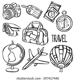 Travel collection. Vector illustration, which shows: airplane, suitcase, travel bag, tag for bags, globe, balloon, camera, wallet, plane ticket, passport, compass and lettering Travel.