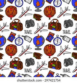 Travel collection. Vector seamless illustration, which shows: airplane, suitcase, travel bag, tag for bags, globe, balloon, camera, wallet, plane ticket, passport, compass and lettering Travel.