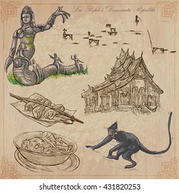 Travel collection.LAOS traveling set.Pictures of Life,Lao People's Democratic Republic.Hand drawn colored vector pack,freehand sketching.Illustrations are editable.All things are named inside the file