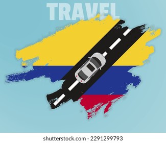 Travel to Colombia by car, going holiday idea, vacation and travel banner concept, car on the road with Colombia flag, international car travel, automobile going on a way, top view