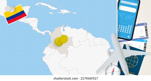 Travel to Colombia concept, map with pin on map of Colombia. Vacation preparation map, flag, passport and tickets. Vector illustration in flat design.