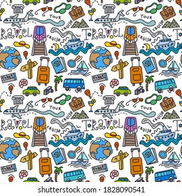 travel color background and doodles seamless pattern