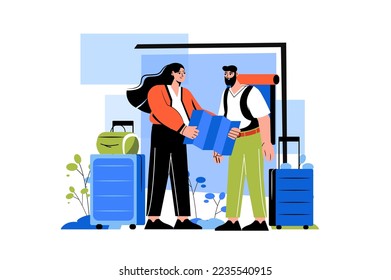 Travel color concept with people scene in the flat cartoon style. Young couple choose a new country on the map which they would like to visit. Vector illustration.