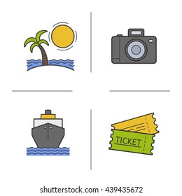 Travel color icons set. Sunny island with palm and sea waves, photo camera, cruise ship, trip tickets. Vacation and traveling vector isolated illustrations