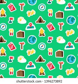 Travel color seamless vector pattern. Tourism. Hiking, camping, trip stickers on green background