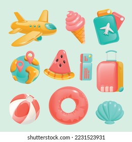 Travel color set of plane suitcase globe lifebuoy volleyball ball seashell cartoon icons isolated vector illustration isolated vector illustration