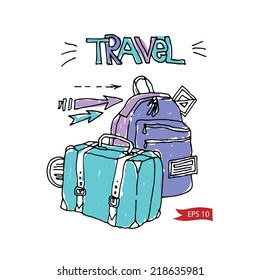 Travel color vector suitcases background, illustration, design template for card