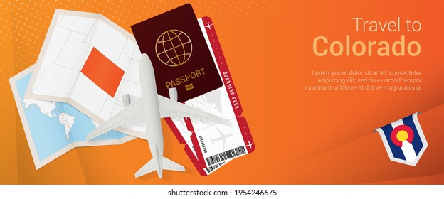 Travel to Colorado pop-under banner. Trip banner with passport, tickets, airplane, boarding pass, map and flag of Colorado. Vector template.