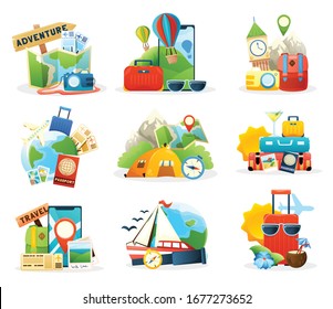 Travel colored isolated compositions set with famous landmarks world map tickets online booking passenger baggage flat vector illustration