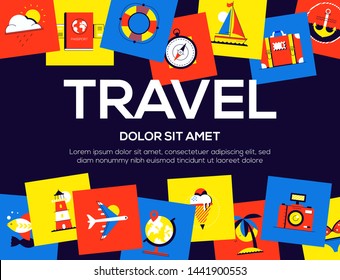 Travel - colorful flat design style web banner with copy space for text. High quality composition with bright images, camera, lighthouse, baggage, ice cream, yacht, anchor, passport. Vacation theme