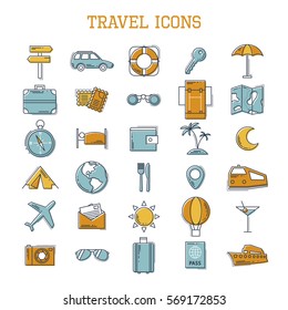 Travel colorful line icons vector set isolated on white background. Retro classic vintage illustration for web and mobile. Vacation concept