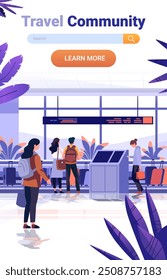 Travel community airport scene travelers checking in at terminal with luggage plants modern interior design landing page template