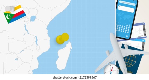 Travel to Comoros concept, map with pin on map of Comoros. Vacation preparation map, flag, passport and tickets. Vector illustration in flat design.