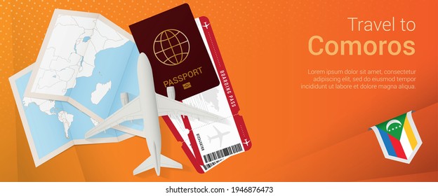 Travel to Comoros pop-under banner. Trip banner with passport, tickets, airplane, boarding pass, map and flag of Comoros. Vector template.