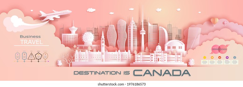 Travel company advertising illustration to Canada top world famous. Tour landmarks, design, template, banner, ticket, business, brochure for advertising. Vector illustration paper cut background.