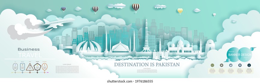 Travel Company Advertising Illustration To Landmarks Pakistan Top World Famous. For Brochure, Advertising, Design, Template, Banner, Ticket, Business, Infographics. Vector Paper Cut Background.