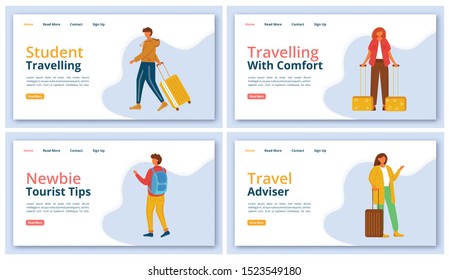 Travel company landing page vector template set. Tourist agency website interface idea with flat illustrations. Tour operator homepage layout. Voyager help web banner, webpage cartoon concept