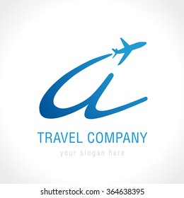 A travel company logo concept. Airlines, transportation or logistics company "a" name with flying plane. Branding identity, vector emblem. Isolated abstract graphic design template. Blue label.