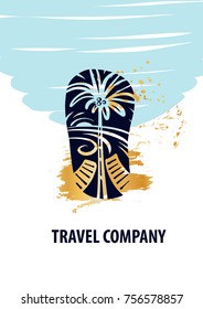 Travel company logo. Palm tree and lounge deÑ�k chair on seaside. Concept template logotype, banner, poster for travel agency, bureau, business. Sketch vector illustration.