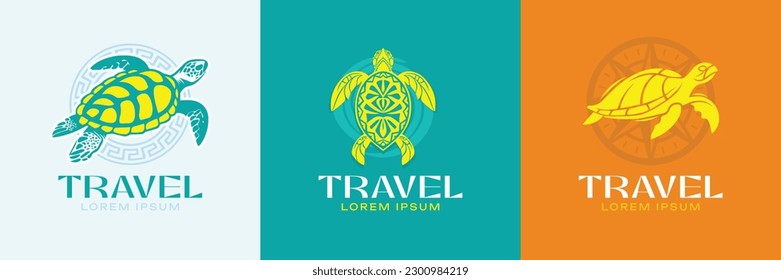 Travel Company Logo Set. Sea Turtle Premium Vector Design Illustration.