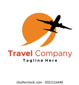 travel company logo template airplane silhouette with sunset background vector design