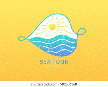 Travel company logo. Vector icon sea waves, sun. Sign on abstract leave on yellow background. Color emblem for design of business, holiday, travel agency, ecology concept, health, spa and yoga Center.
