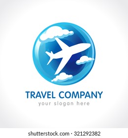 Travel company logo. World travel airplane abstract vector icon. Low cost airlines, tickets selling, tourist business. Flying plane, stained-glass globe, clouds, blue background.