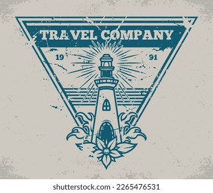 Travel company logotype vintage monochrome with lighthouse illuminating sea coast in triangular frame for decoration tourist tickets vector illustration