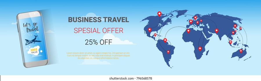 Travel Company Sale Banner Business Tour Special Offer Template Horizontal Poster with World Map Background, Tourism Agency Agency Seasonal Discounts Concept Vector Illustration