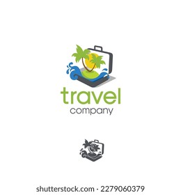 Travel company suitcase island palm trees ocean journey vector logo