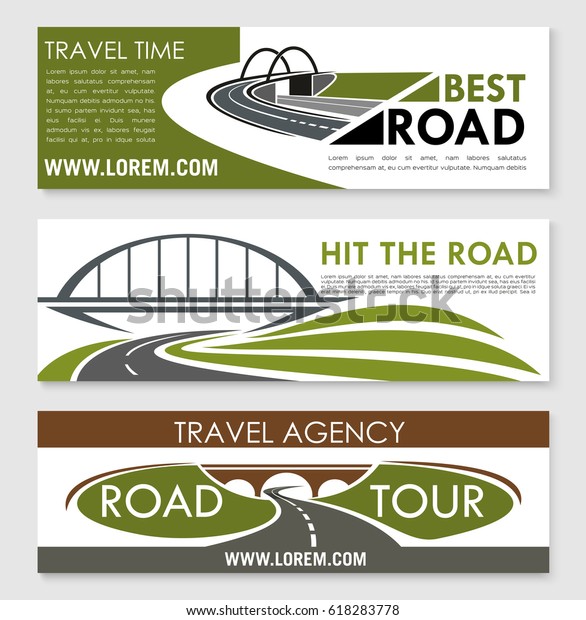 Travel company or tourist agency banners. Vector\
set of templates or road trip ways for car tour and bus journey\
with design of highways or motorways adventure routes, bridges and\
pathway tunnels