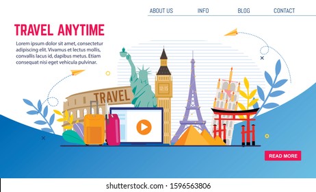 Travel Company, Touristic Agency, Online Service for Airline Tickets Booking Trendy Flat Vector Web Banner, Landing Page Template. Worlds Famous Architectural, Historical Attractions Illustration