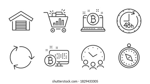 Travel compass, Bitcoin system and Parking garage line icons set. Meeting time, Recycling and Bitcoin signs. Seo shopping, 48 hours symbols. Quality line icons. Travel compass badge. Vector