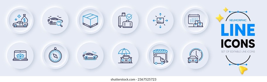 Travel compass, Book car and Cash transit line icons for web app. Pack of Search car, Baggage reclaim, Delivery truck pictogram icons. Online delivery, Cardboard box signs. Trip destination. Vector