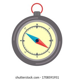 Travel compass flat vector illustration. Navigational equipment isolated clipart on white background. Tourist accessory. Orienteering sport. Hiking instrument with pointers, camping gear
