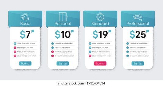 Travel compass, Lift and Flights application line icons set. Price table chart, business plan template. Search car sign. Trip destination, Elevator, Airport app. Find transport. Vector