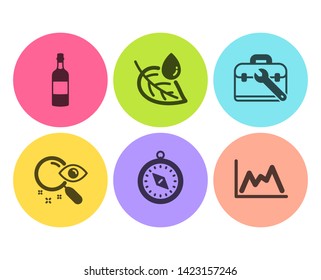 Travel compass, Search and Leaf dew icons simple set. Tool case, Brandy bottle and Diagram signs. Trip destination, Find document. Flat travel compass icon. Circle button. Vector