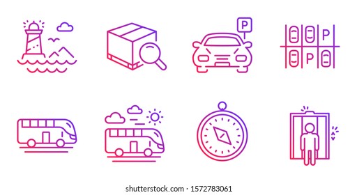 Travel compass, Search package and Parking line icons set. Lighthouse, Parking place and Bus travel signs. Bus tour, Elevator symbols. Trip destination, Tracking service. Transportation set. Vector