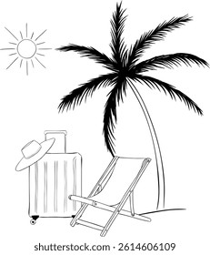 Travel composition beach palm tree, suitcase, sun, hat, chair. Vector graphic line ink illustration. Vacation relax icon Banner, poster, wrapping paper, sticker, print, modern textile design.
