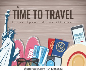 Travel composition with travel equipment. Travel and Tourism concept. Vector illustration