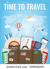 Travel composition with travel equipment. Travel and Tourism concept. Vector illustration