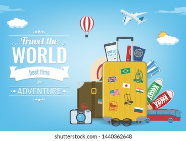 Travel composition with travel equipment. Travel and Tourism concept. Vector illustration