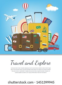 Travel composition with travel equipment. Travel and Tourism concept. Vector illustration