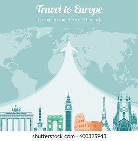 Travel composition with famous Europe landmarks. Vector illustration