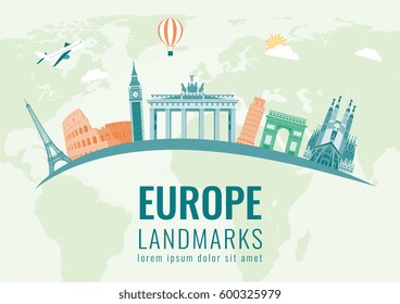 Travel composition with famous Europe landmarks. Vector illustration