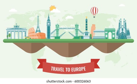 Travel composition with famous Europe landmarks. Vector illustration