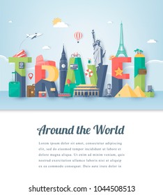 Travel composition with famous world landmarks. Travel and Tourism. Vector illustration