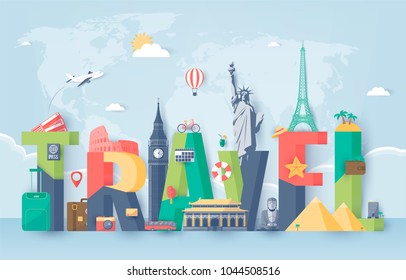 Travel composition with famous world landmarks. Travel and Tourism. Vector illustration