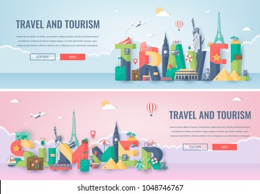 Travel composition with famous world landmarks. Travel and Tourism. Concept website template. Vector illustration