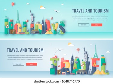 Travel composition with famous world landmarks. Travel and Tourism. Concept website template. Vector illustration